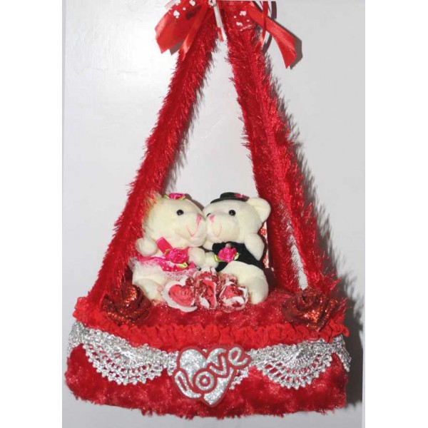 Red Bed Hanging Jhoola with Love Couple Teddy Bears